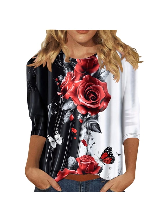 Womens Summer Tops 3/4 Sleeve Casual Shirts Floral Tee Trendy 2025 Basics Crew Neck Plain Tshirt Black XXL