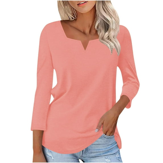 Womens Summer Tops, 3/4 Sleeve Shirts for Women Casual Loose Fit Vintage Solid Color Notch V Neck T Shirts S-2XL