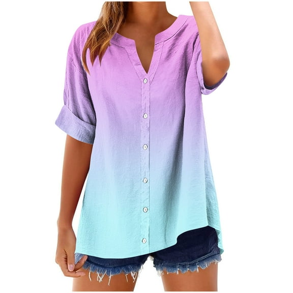 Womens Summer Tops 3/4 Sleeve V Neck Gradient Color T Shirts Casual Loose Lounge Workout Basic Tees Clothes