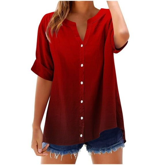 Womens Summer Tops 3/4 Sleeve V Neck Gradient Color T Shirts Casual Loose Lounge Workout Basic Tees Clothes