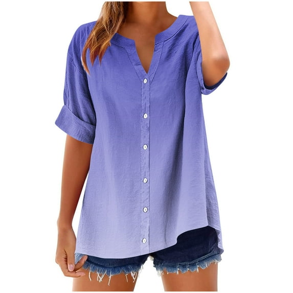 Womens Summer Tops 3/4 Sleeve V Neck Gradient Color T Shirts Casual Loose Lounge Workout Basic Tees Clothes