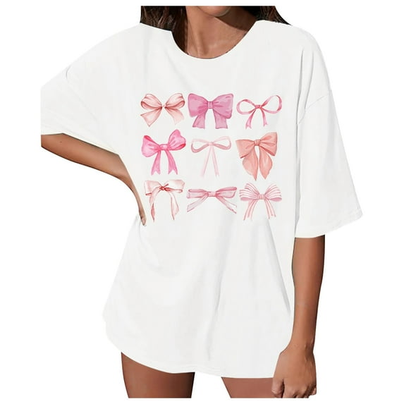 Womens Summer Tops Shirt Trendy Bow Tee Watercolor Pastel Bow Oversized Oversized Tshirts for Women White L