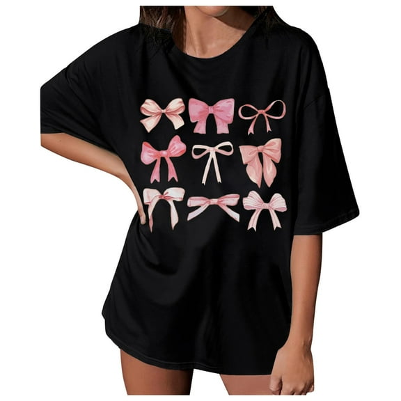 Womens Summer Tops Shirt Trendy Bow Tee Watercolor Pastel Bow Oversized Shirts for Women Black L