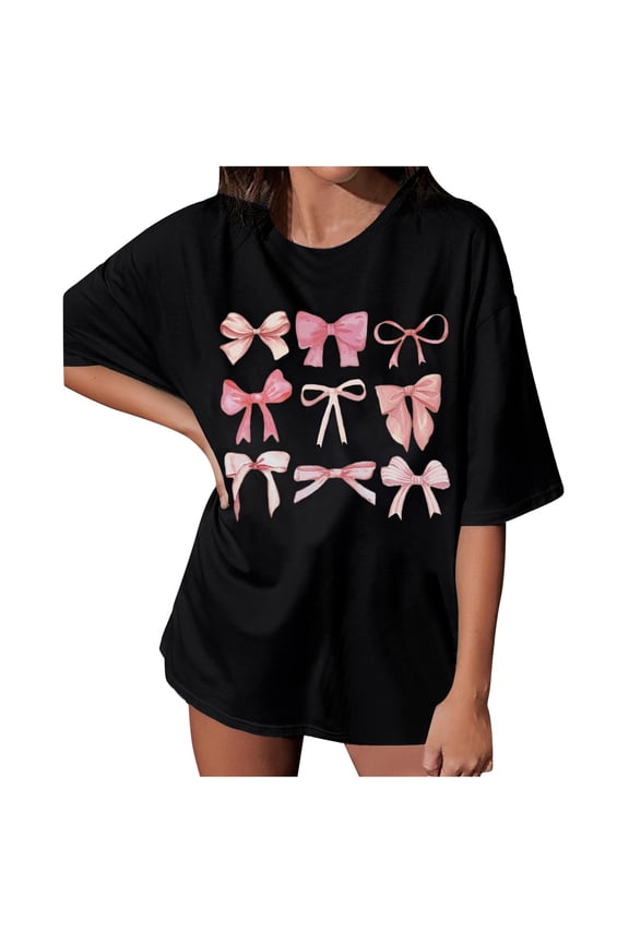 Womens Summer Tops Shirt Trendy Bow Tee Watercolor Pastel Bow Oversized Shirts for Women Black L