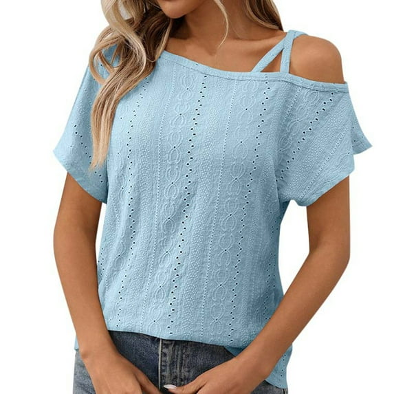 Womens Summer Tops Asymmetric Neck Hollow Out Textured Wear Womens Shirts