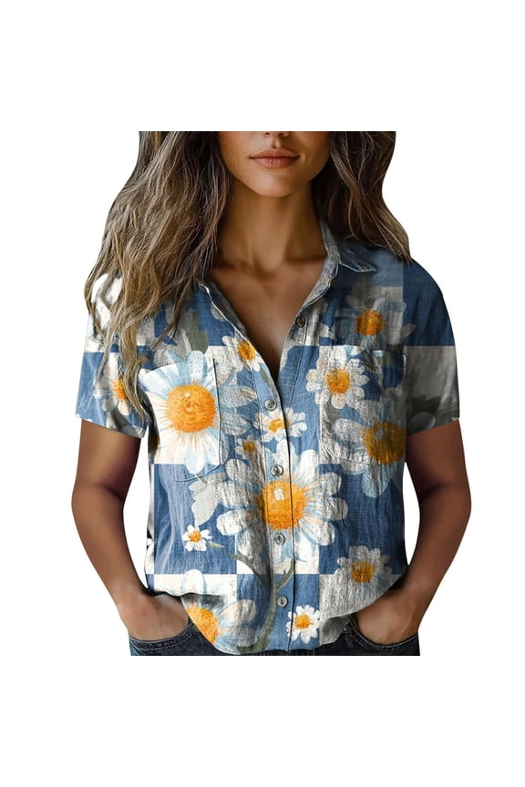 Womens Summer Tops BWASD Casual Boho V Neck Short Sleeve Collared Tops Blouse Fashion Print Work T Shirts Vacation Beach Fashion Clothing (Light Blue M)