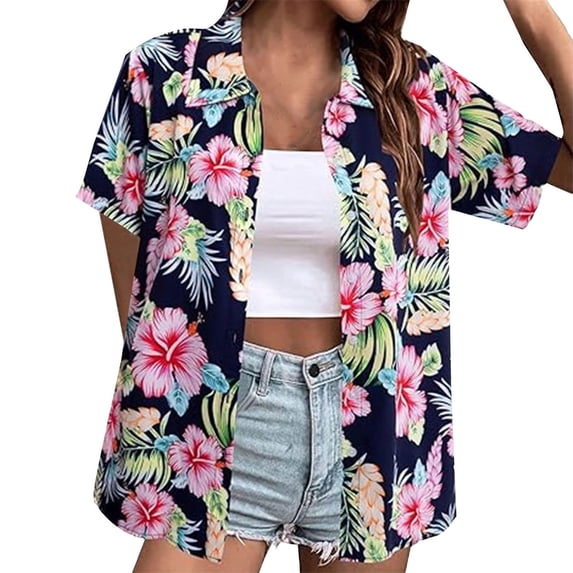 Womens Summer Tops BWASD Summer Floral Printed Short Sleeve Collared Button Down Shirt V Neck Blouse T Shirt Go Out Travel Vacation Fashion (Navy M)