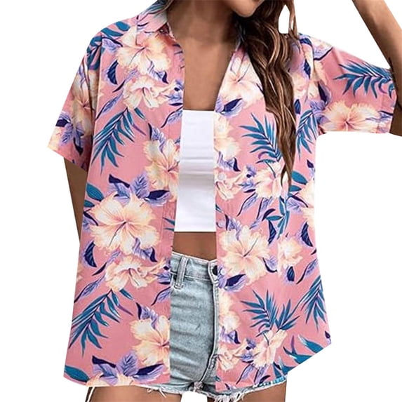 Womens Summer Tops BWASD Summer Floral Printed Short Sleeve Collared Button Down Shirt V Neck Blouse T Shirt Go Out Travel Vacation Fashion (Pink S)