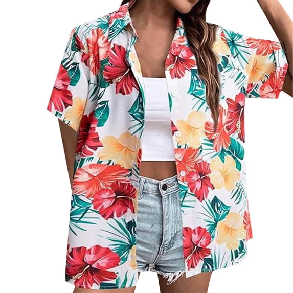 Womens Summer Tops BWASD Summer Floral Printed Short Sleeve Collared Button Down Shirt V Neck Blouse T Shirt Go Out Travel Vacation Fashion (Hot Pink XL)