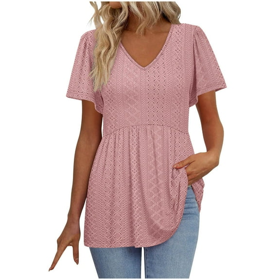 Womens Summer Tops Babydoll Short Sleeve Shirts Puff Sleeve Peplum Tops V Neck T Shirts