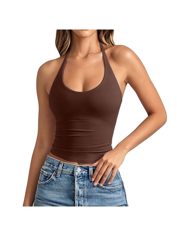 Womens Summer Tops Backless Tie Neck Double Lined Basic Halter Tops for Women Brown M