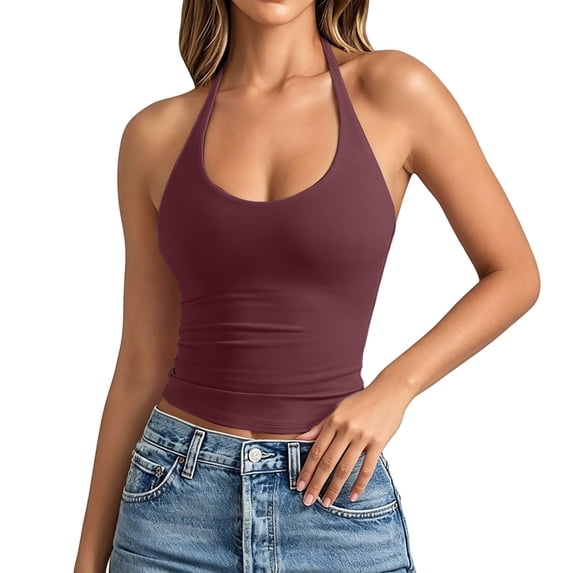 Womens Summer Tops Backless Tie Neck Double Lined Basic Halter Tops for Women Red L