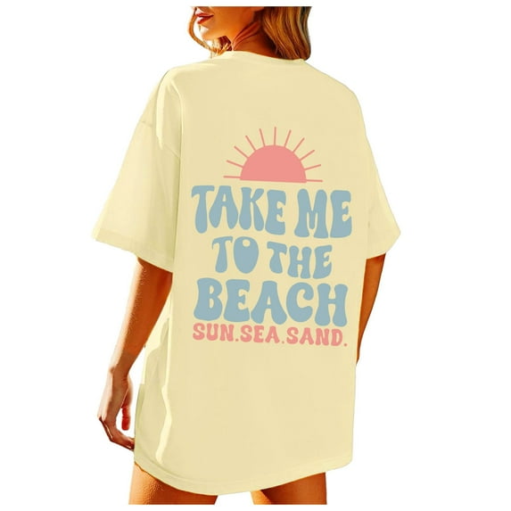Womens Summer Tops Beach Oversized Graphic Tee Vintage Baggy Shirts Vacation Oversized Tshirts for Women Light Yellow S