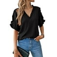 thumbnail image 1 of Womens Ruffle Short Sleeve Summer Tops Loose V Neck T-Shirt Dressy Casual Solid Blouses Black XXL, 1 of 4