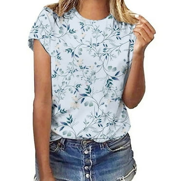 Womens Summer Tops Blouses Floral Print Round Neck Short Sleeve Spring Ladies Clothing