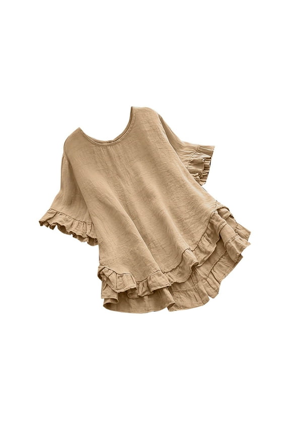 Womens Summer Tops,Blouses for Women, Spring Summer Solid Color Casual Loose Fashion T-Shirt Short Sleeve Round-Neck Button Ramie Blouse,Womens Summer Clothes