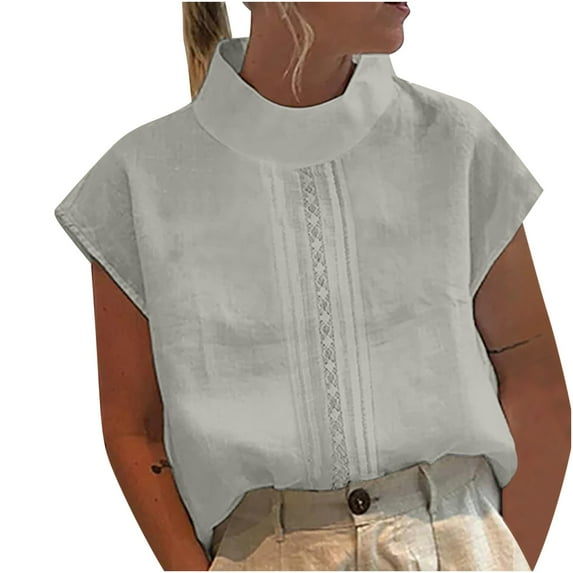 Womens Summer Tops,Blouses for Women, Spring Summer Solid Color Casual High Neck Top Cotton Linen Lace Blouses,Womens Summer Clothes