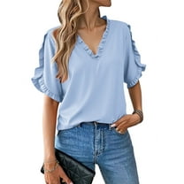 Womens Ruffle Short Sleeve Summer Tops Loose V Neck T-Shirt Dressy Casual Solid Blouses Blue L