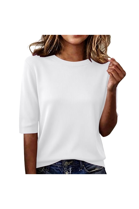 Womens Summer Tops Boat Neck Elbow Sleeve T Shirts Loose Fit Casual Lightweight Work Blouse