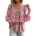 thumbnail image 1 of Womens Summer Tops Bohemian Holiday Style Printed V Neck Long Sleeve with Tie Shirts for Women Pink XL, 1 of 6