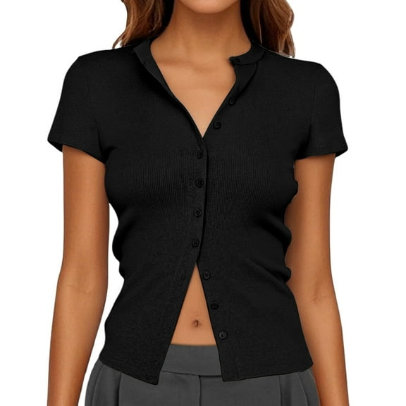Womens Summer Tops Button Up Ribbed Short Sleeve Cardigan Pure Color T Shirt Shirts for Women Black L
