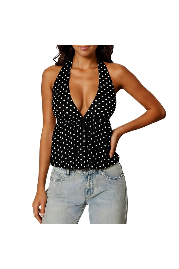 Womens Summer Tops Camisole Ruffle Polka Print Strapless Sleeveless Backless Tees for Teens Girls,Black,M