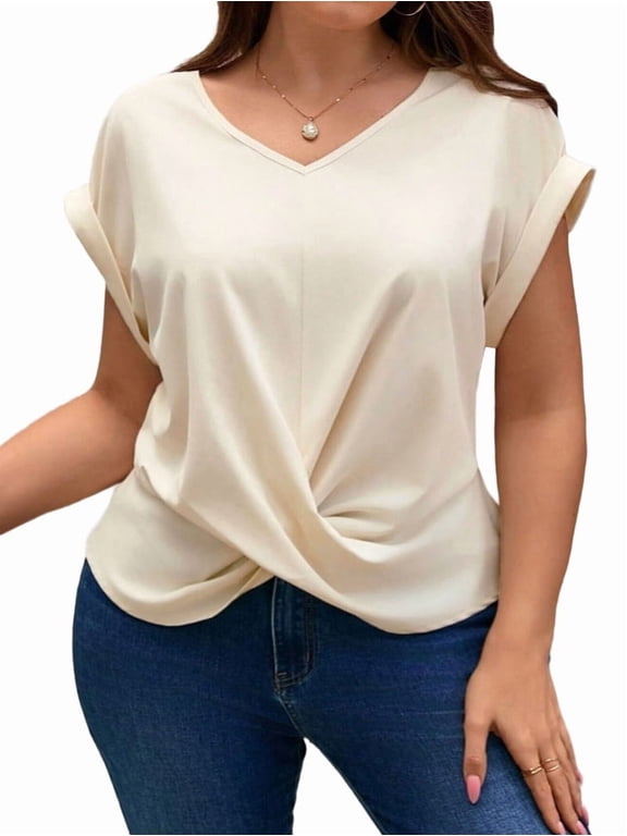 Womens Summer Tops Cap Sleeve Front Twist Knot V Neck T Shirts Draped Blouses Casual Loose Fit Tees XL