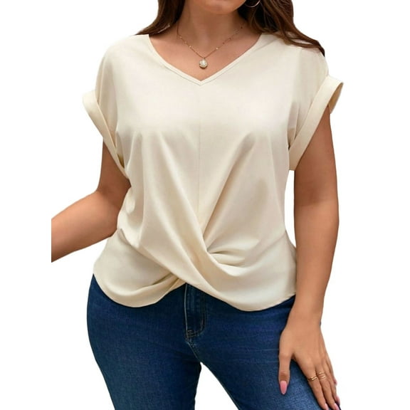 Womens Summer Tops Cap Sleeve Front Twist Knot V Neck T Shirts Draped Blouses Casual Loose Fit Tees XL