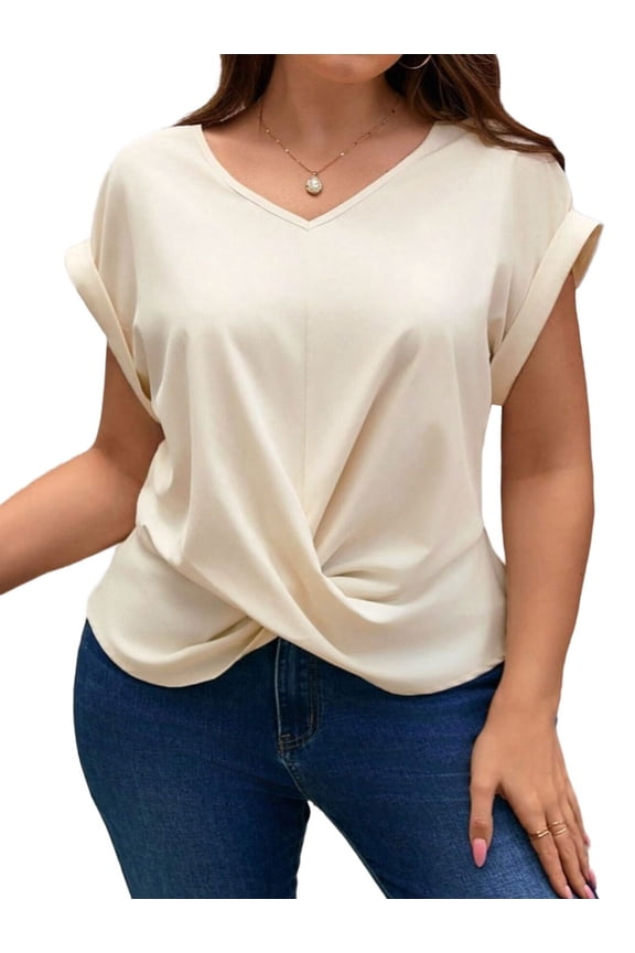 Womens Summer Tops Cap Sleeve Front Twist Knot V Neck T Shirts Draped Blouses Casual Loose Fit Tees  XXL