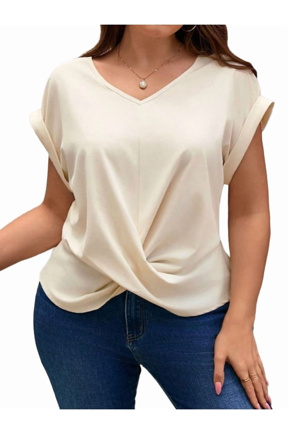 Womens Summer Tops Cap Sleeve Front Twist Knot V Neck T Shirts Draped Blouses Casual Loose Fit Tees XXXL