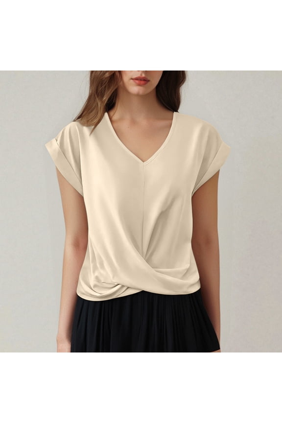 Womens Summer Tops Cap Sleeve Front Twist Knot V Neck T Shirts Draped Blouses Casual Loose Fit tees Beige L