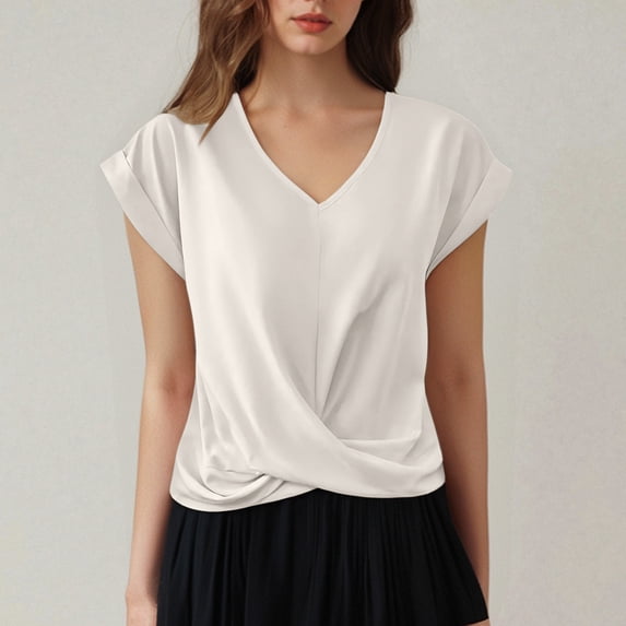 Womens Summer Tops Cap Sleeve Front Twist Knot V Neck T Shirts Draped Blouses Casual Loose Fit tees White XL