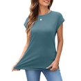 thumbnail image 1 of Womens Summer Tops Cap Sleeve Spring T Shirts Ruched Business Casual Dressy Fashion Clothes Outfits 2025 Blue-green L, 1 of 7