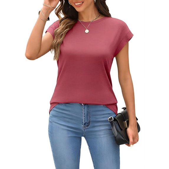 Womens Summer Tops Cap Sleeve Spring T Shirts Ruched Business Casual Dressy Fashion Clothes Outfits 2025 Wine red L