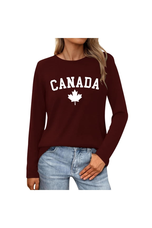 Womens Summer Tops Casual Canadian Maple Leaf Print Round Neck Long Sleeve Blouse,Coffee,2XL
