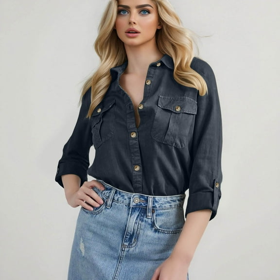 Womens Summer Tops Casual Collar Long Sleeved Denim Shirt Solid Shirts for Women Navy M