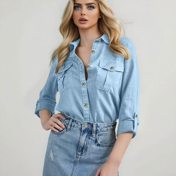Womens Summer Tops Casual Collar Long Sleeved Denim Shirt Solid Summer Shirts for Women Blue L