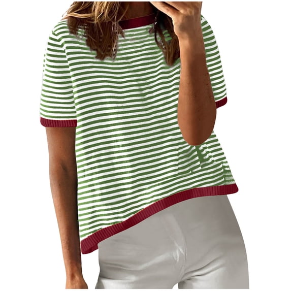 Womens Summer Tops Casual Crewneck Short Sleeve Striped Trendy Pullover T Shirts Blouse Green,S