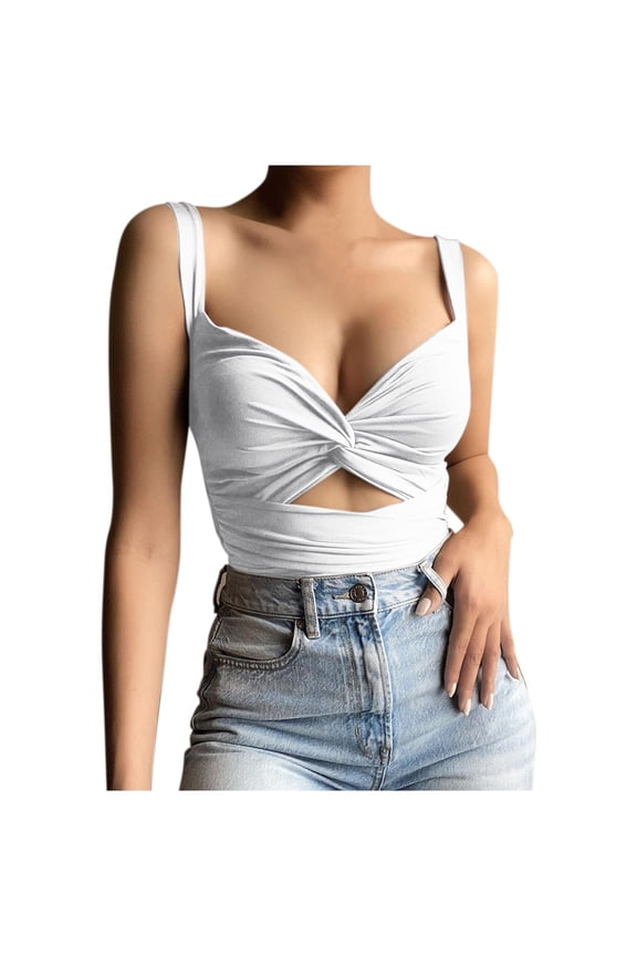 Womens Summer Tops Casual Deep V Neck Vest Kink Elastic Lace Up Sleeveless Halter Breathable Tank Tops for Women White M