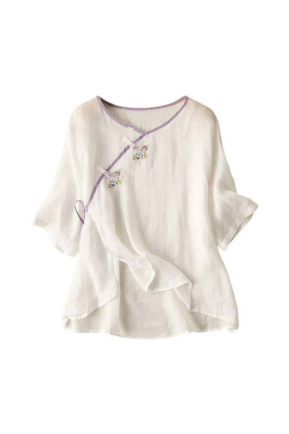 Womens Summer Tops Casual Ethnic Style Diagonal Closure Button Embroidered Short Sleeve Flowy Linen Plus Size Blouse