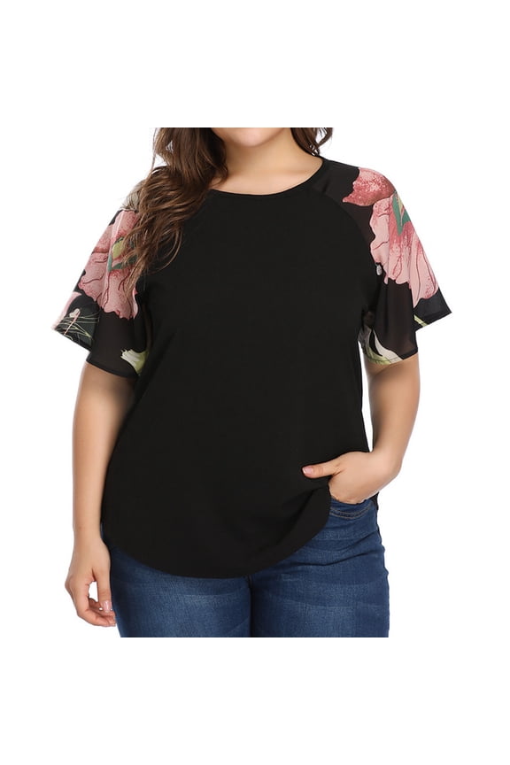 Womens Summer Tops Casual Fashion Print Round Neck Short Sleeve T-Shirt Tunic Plus Size Blouse