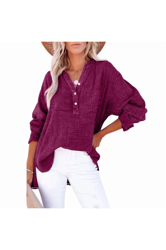 Womens Summer Tops Casual Gauze Button Neck Oversized Blouse Lightweight Gauze Shirt Loose Fit Pullover Tops 09-Wine XL