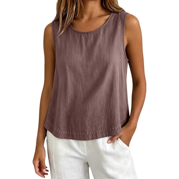 Womens Summer Tops Casual Linen Cotton Sleeveless Round Neck Curved Breathable Tank Tops for Women Coffee