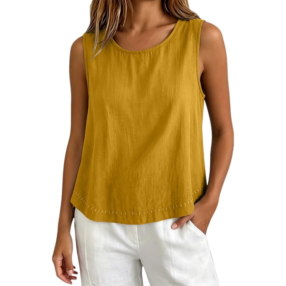 Womens Summer Tops Casual Linen Cotton Sleeveless Round Neck Curved Breathable Tank Tops for Women Yellow