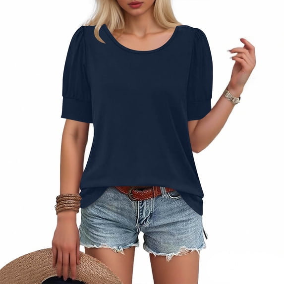 Womens Summer Tops Casual New Women Spring and Summer Fashion Style Sleeve Decoration Buckle Round Neck Loose Folded Short Sleeve T-Shirt Tops Style B-12 Navy XXL