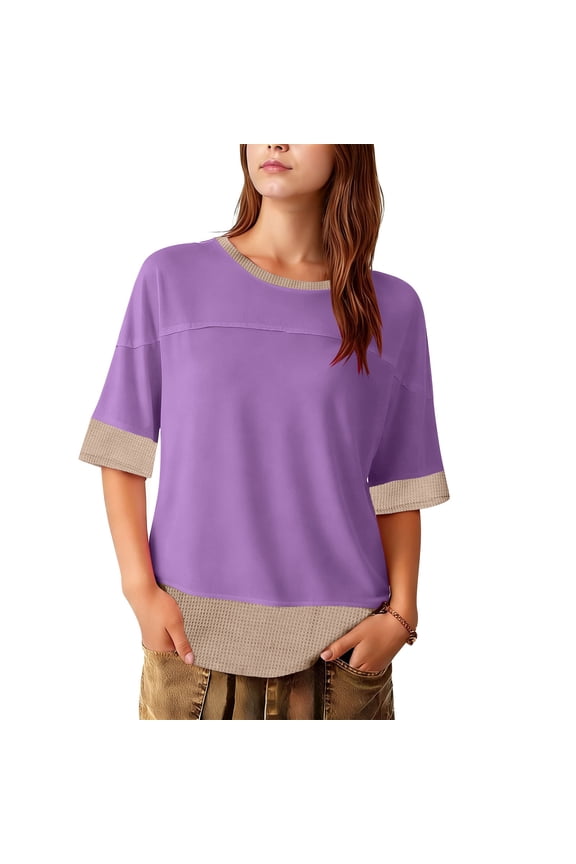 Womens Summer Tops Casual Oversized Short Sleeve T Shirts Crewneck Color Block Side Slit Basic Tee Blouses