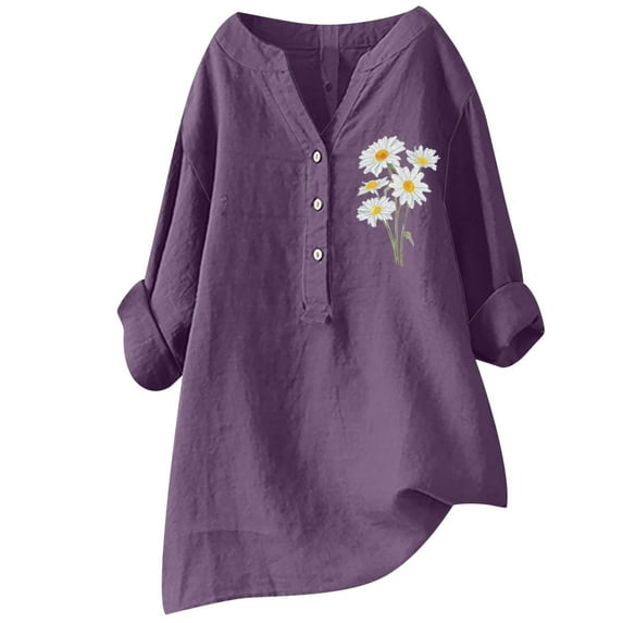 Womens Summer Tops Casual Print Loose Autumn V Neck Long Sleeve Shirt Top Summer Shirts for Women Dark Purple XXL