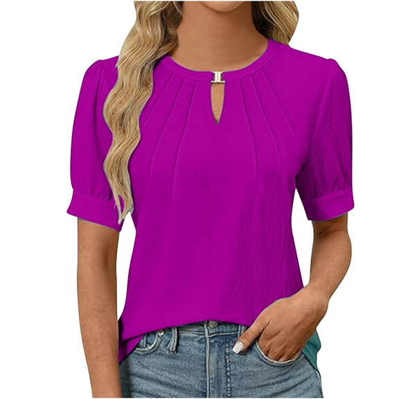 Womens Summer Tops Casual Round Neck Pleated Puff Sleeve Solid Color Short Sleeve Tunic Tops