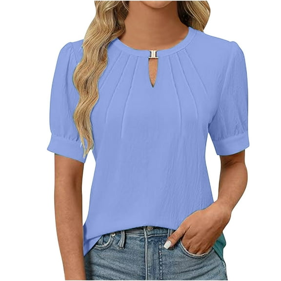 Womens Summer Tops Casual Round Neck Pleated Puff Sleeve Solid Color Short Sleeve Tunic Tops