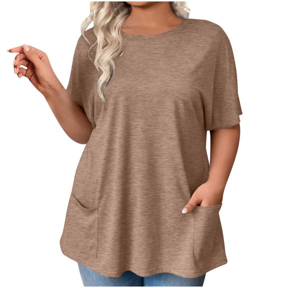 Womens Summer Tops Casual Round Neck Short Sleeve Blouse with Pockets Solid Color T Shirts Loose Fit Plus Size Tunic Tops